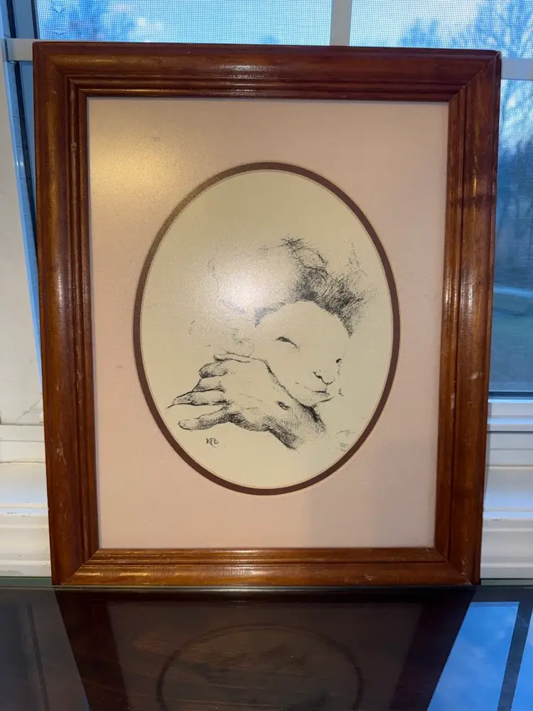 "Jesus And The Lamb" Framed Pencil Sketch Art Print Katherine F Brown 1982 Vtg
