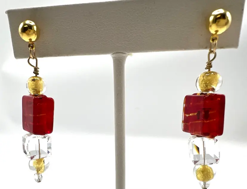 Red Glass Dangle Earrings, Red and Clear Glass Chunks, 2 Inch Long Dangles, Pierced Gold Tone, Vintage Pierced