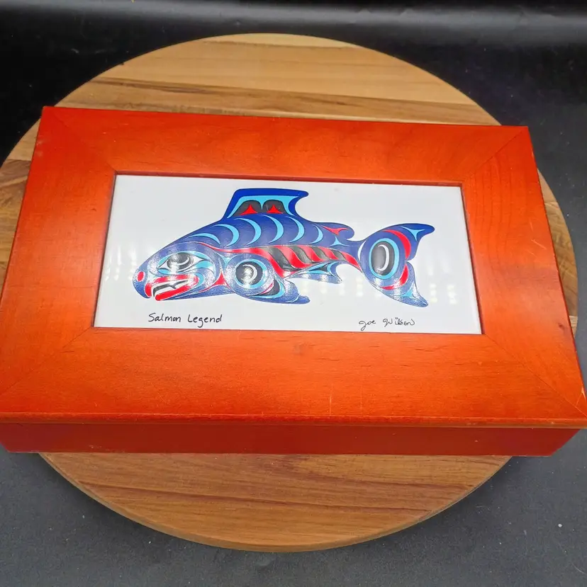 Vintage Native American Salmon Legend Wood and Tile Dresser Keepsake Trinket Box By Artist Joe Wilson