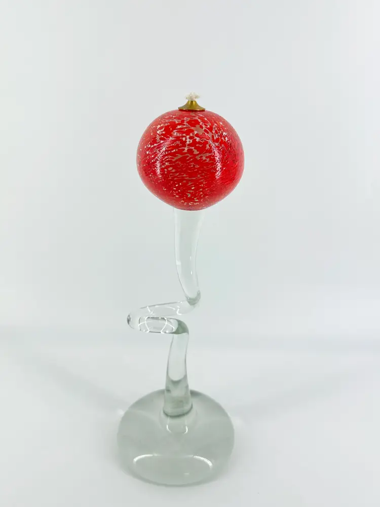 11.5" Polish Art Glass Red Mottled Bulbous Oil Lamp Made In Poland