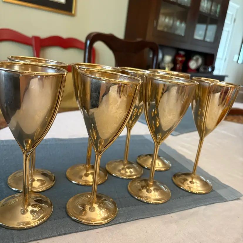 Set of 8 Vintage Mid-Century Brass Wine Goblets, Hollywood Regency Barware