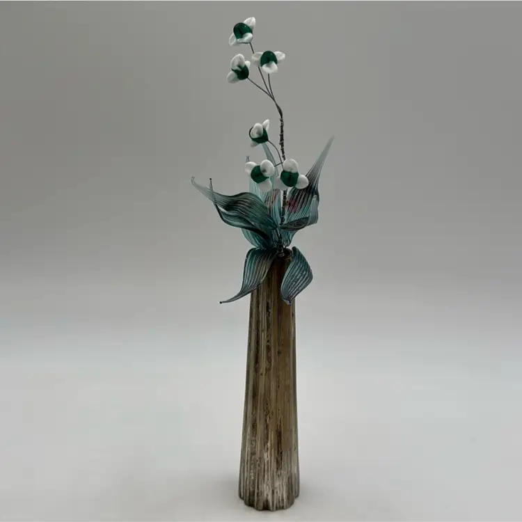 Vintage Silver In Tone Vase Pared With Hand Made Art Glass Flowers And Leaves Very Adorable. No Chips Cracks Or Brakes