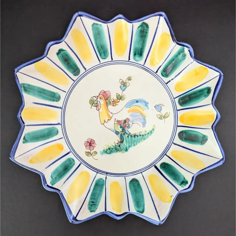 Vietri Italian Pottery Bowl Rooster Design 11" W Blue Yellow Green Hand Painted