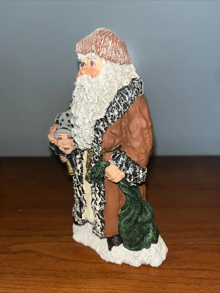 Vintage June McKenna Flat Back Santa Figurine 1995 "Santa & His Lil Helper" 5.5"