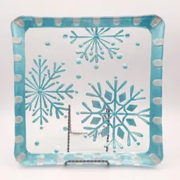 Fused Glass Aqua Turquoise Snowflake Square Serving Plate Christmask