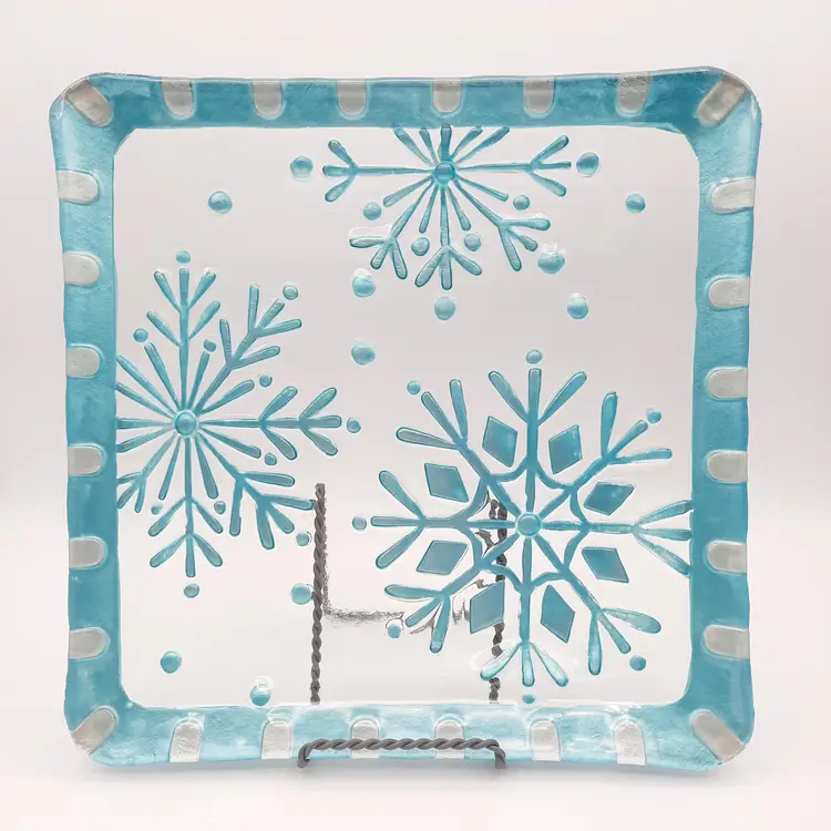 Fused Glass Aqua Turquoise Snowflake Square Serving Plate Christmask