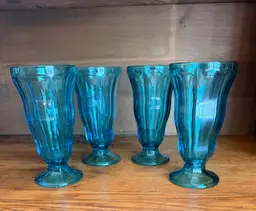 Vintage Anchor Hocking Blue Footed Glasses Set of 4, 7 Inch Teal Paneled Iced Tea Soda Fountain Glasses, Mid Century Pedestal Tumblers