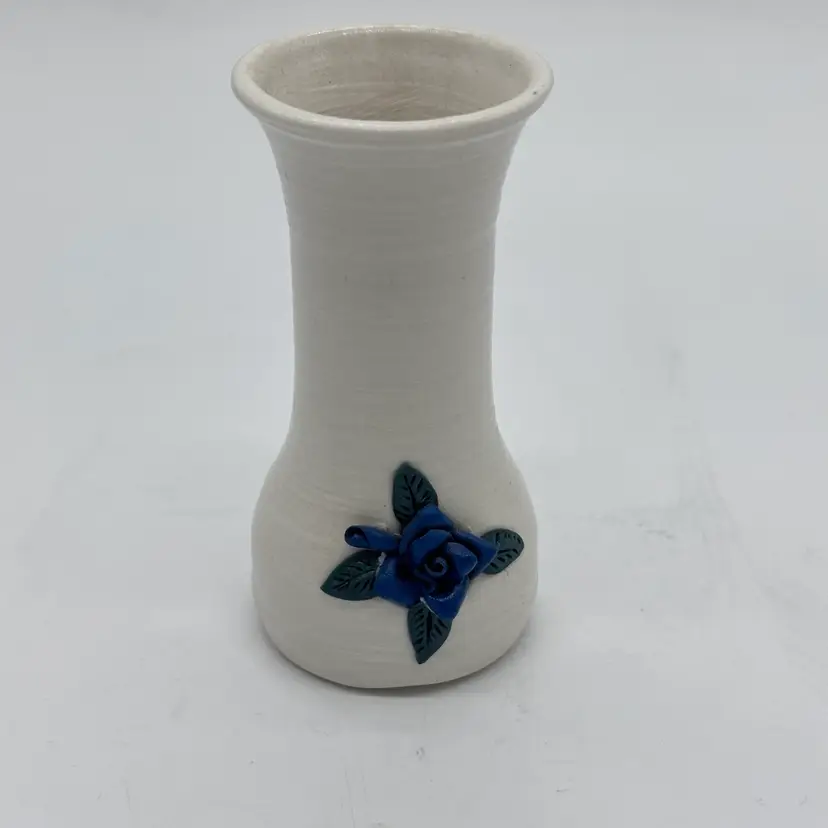 Art Pottery White Bud Vase Applied Blue Flower Artist Signed