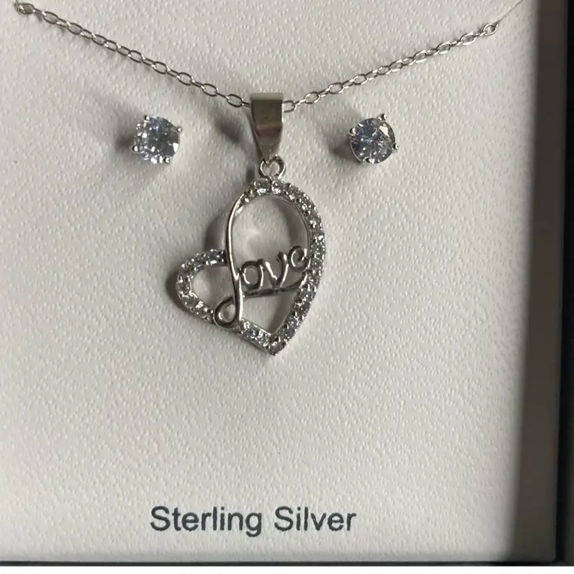 Sterling Silver Set Love Heart CZ Stud Earrings with a Sterling Silver 18” Chain! Pierced Post Backs! Acid Tested!