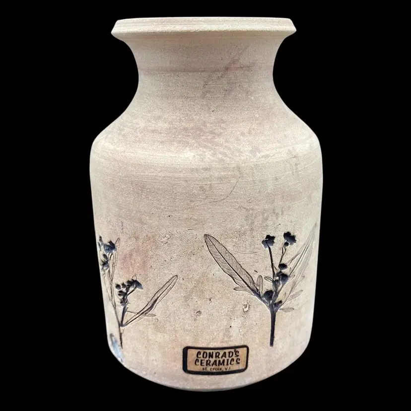 Vintage Conrad’s Ceramics Clay & Ceramic Vase, Impressed Flowers, Signed, St. Croix