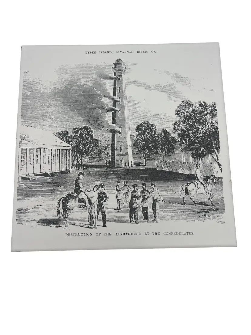 Tybee Island GA Civil War Lighthouse Destruction Confederate Scene 7.75" Ceramic Art Tile Savannah River Historical Image