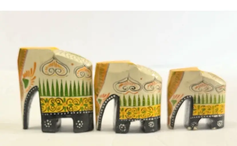 Set of 3 Hand Painted and Carved Wood Folk Art Elephants