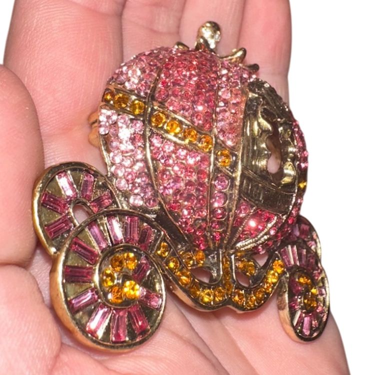 Gold Tone Pink & Orange Pumpkin Cinderella Coach Pin Rhinestone Brooch