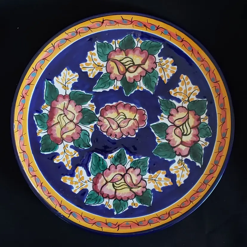 Talavera Handpainted Floral Plate Ceramic Signed made Mexico 11⅞" Diameter Vintage