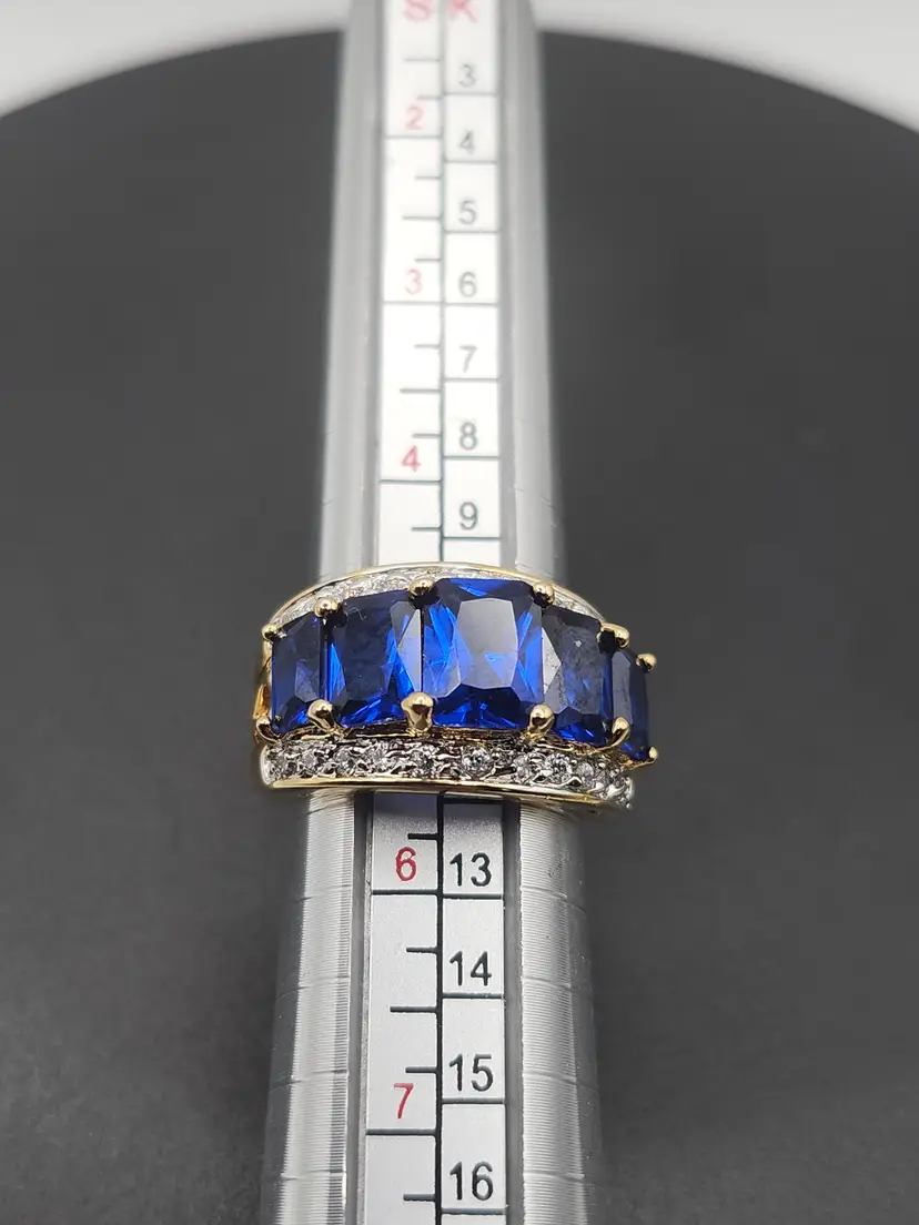 Gold Tone Imitation Blue Sapphire Ring - Size 5