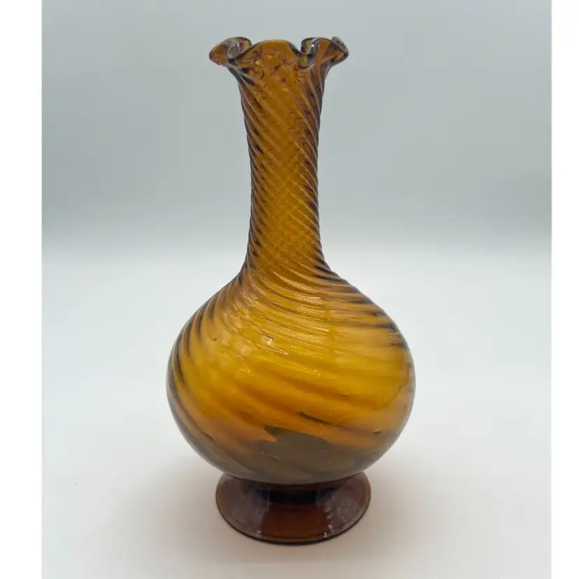 Vintage Hand Blown Amber Swirl Glass Twisted Vase