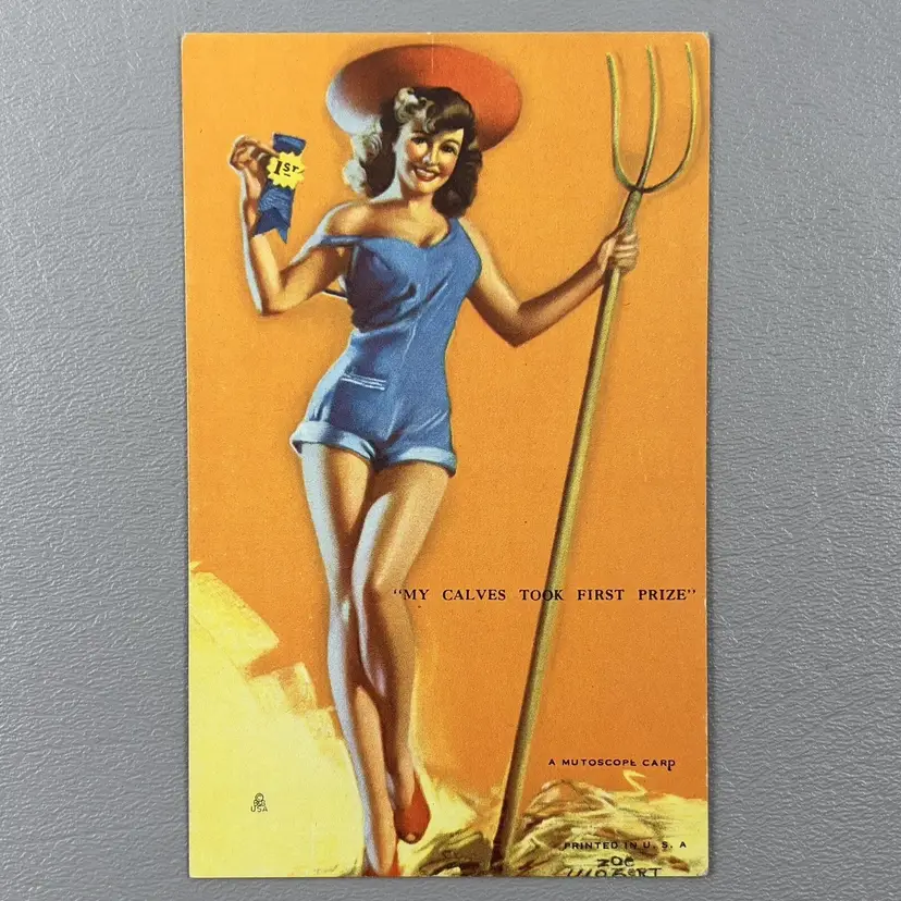 Vintage Mutoscope Pin Up Card My Calves Took First Place Zoe Mozert Cowgirl