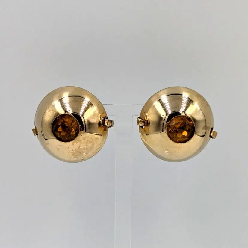 12K Gold Filled Domed Statement Clip Earrings Cognac Rhinestone Vintage Unique