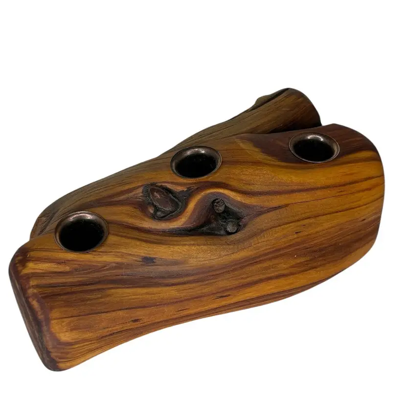 Burl Wood Triple Candle Holder Hand Crafted