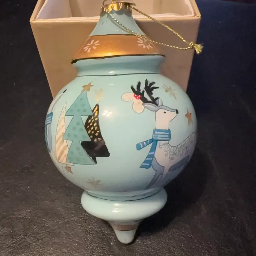 028. 2019 Peir 1 Imports Li Bien Blue and Gold Christmas Ornament Reindeer