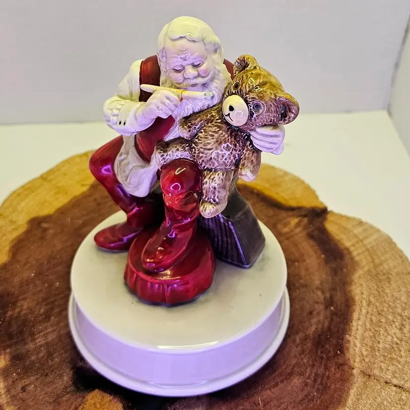 Santa Painting a Teddy Bear Spinning Music Box by Otagiri Gibson Greetings