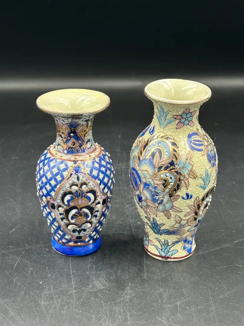 2 Vintage Chinese Porcelain Vases Blue Floral And Geometric Design