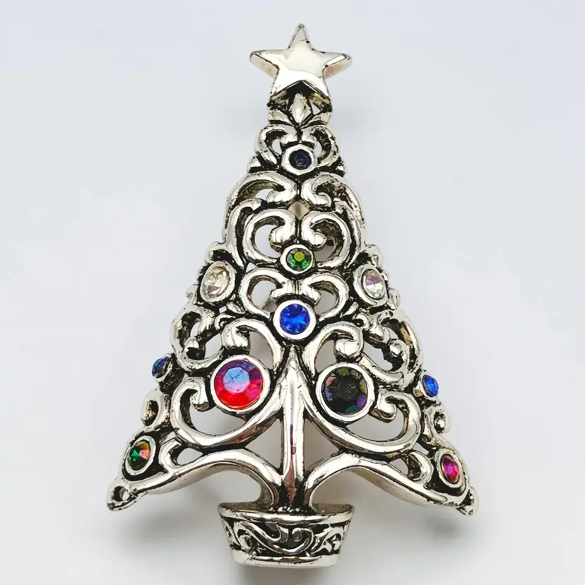 Christmas Tree Silver Tone Multicolored Rhinestone Open Work Pin Brooch Pendant