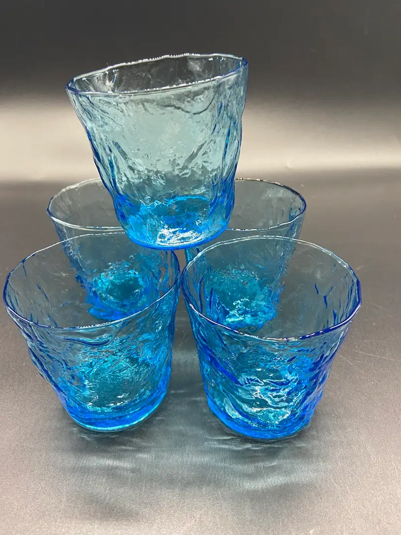 Morgantown Peacock Blue Crinkle Low Ball Glasses Set Of 4