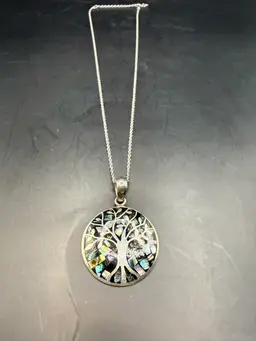 Mexican ATI Sterling Silver Abalone Inlay Tree Of Life Pendant 1” Italian Sterling Chain 18”