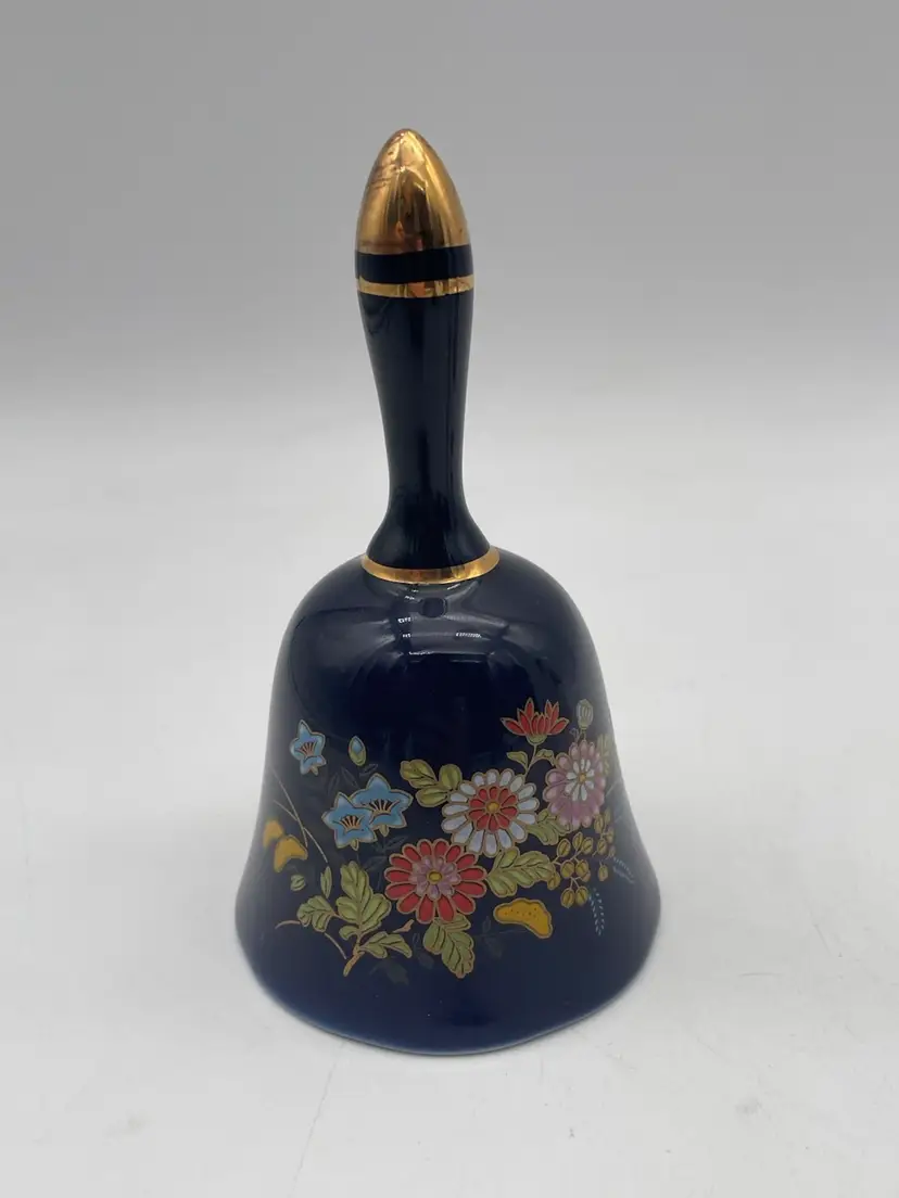 Vintage Japanese Porcelain Blue Floral With Gold Trim Bell