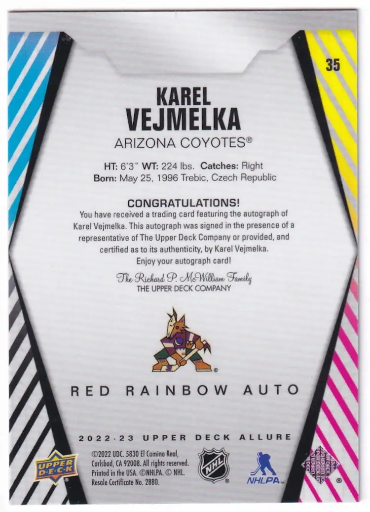 2022-23 Upper Deck Allure Autographs Red Rainbow #35 Karel Vejmelka Arizona Coyotes Hockey Card