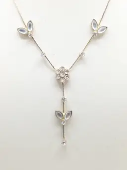Silver Tone Rhinestone Floral Y Drop Necklace