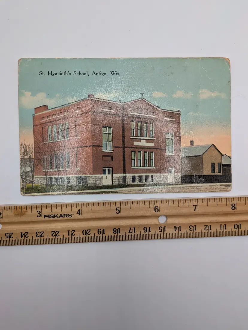 E89. Antique Postcard St. hyacinth Catholic School Church Religious Photo ANTIGO, WI