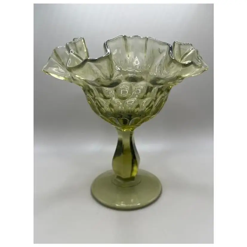 #03 - Elegant Vintage Fenton Olive Green Thumbprint Footed Ruffled Glass Compote ~ Glows Under Black Light ~ Pedestal Design ~ Measures 6 inches tall
