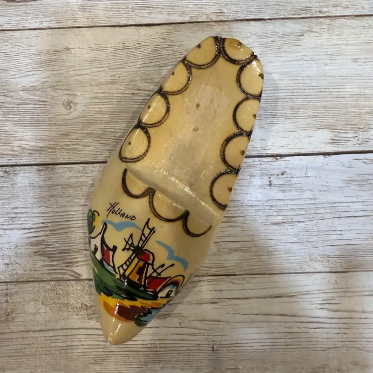 Painted Wood Dutch Shoe Souvenir: Vintage 5 Inch Hand Carved Holland Windmill Clog (0244-25)
