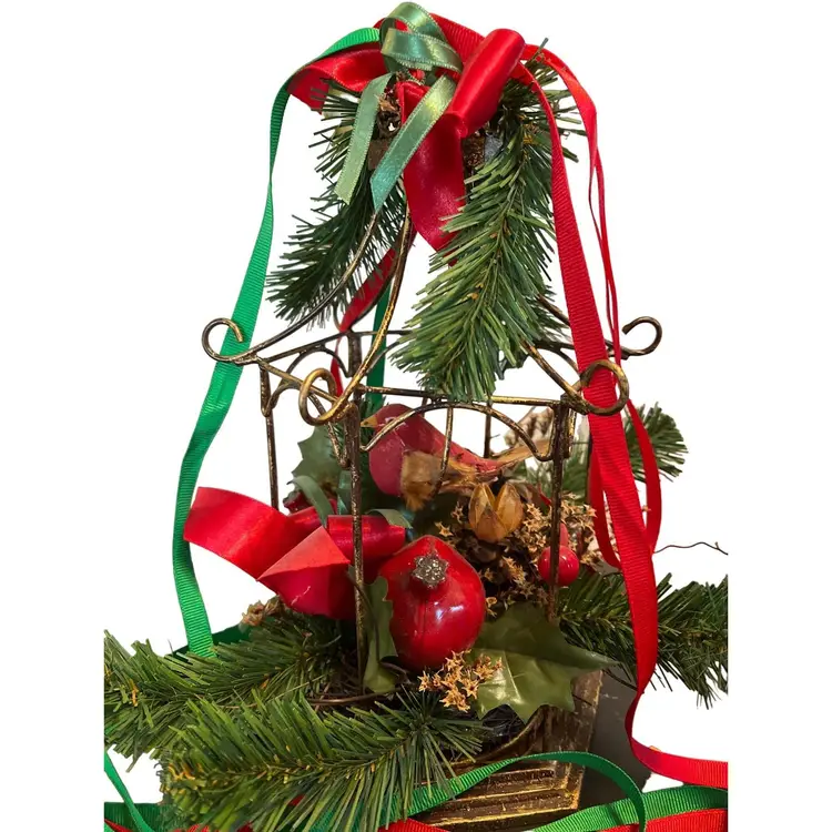 Vtg Christmas MCM Cardinal Metal Bird Cage Hanging Holly Ribbon