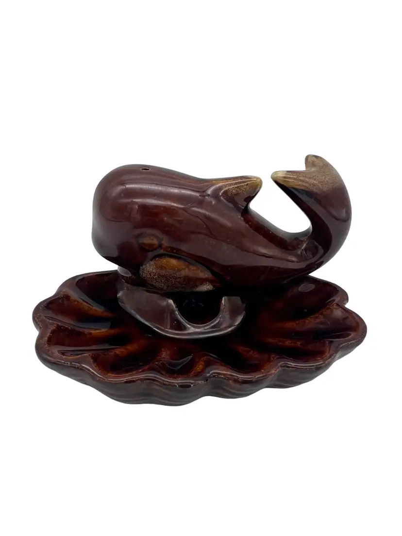Vintage Whale Ceramic Ashtray / Trinket Dish Brown Dripware Figural Pottery