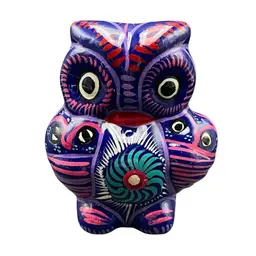 Mexican Pottery Owl Bird Figurine Hand Painted Glows Folk Art Mexico