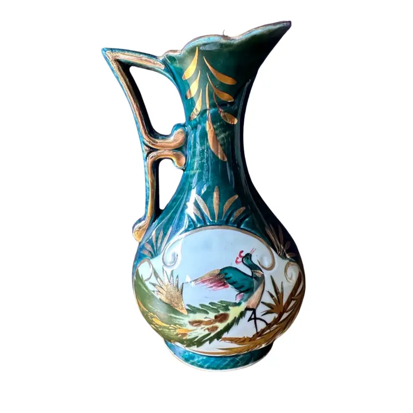 Vintage Firebird Pitcher Vase Ceramic Marked 7088 Gold Trim No Chips No Cracks