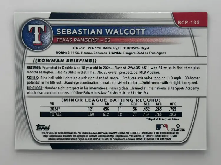 Sebastian Walcott Bowman Chrome Prospects Reptillian SSP Rangers