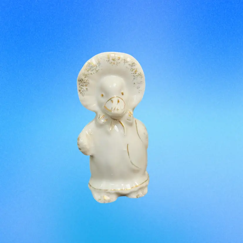 Made in Japan-Creamy White Glazed Vintage Mrs. Duck w/ Shawl & Bonnet-Gold Gilt