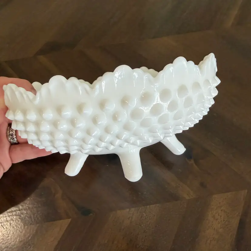 Fenton white hobnail milk glass footed oval candy dish.