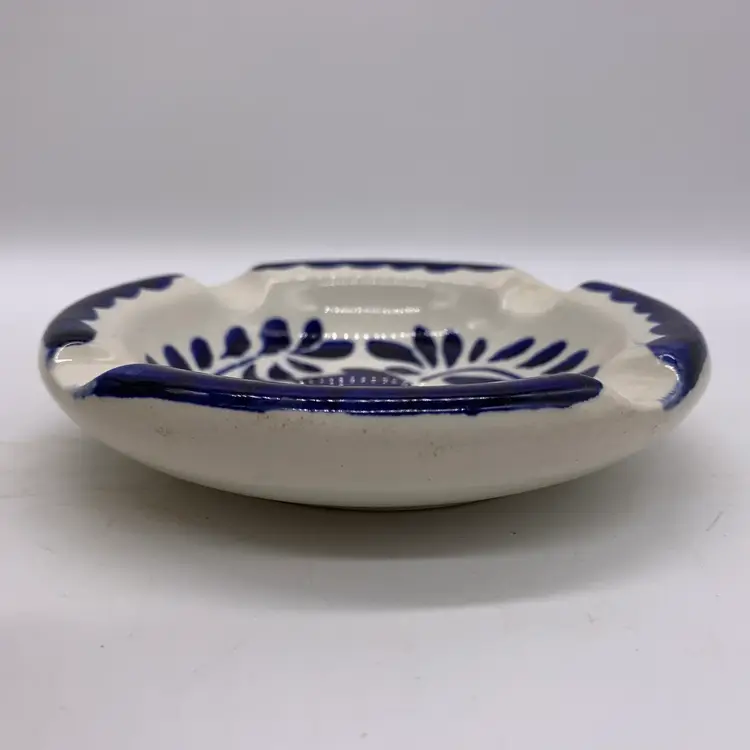 Vintage Anfora Puebla Blue Hand Painted Folk Art Pottery Ashtray Talavera Mexico