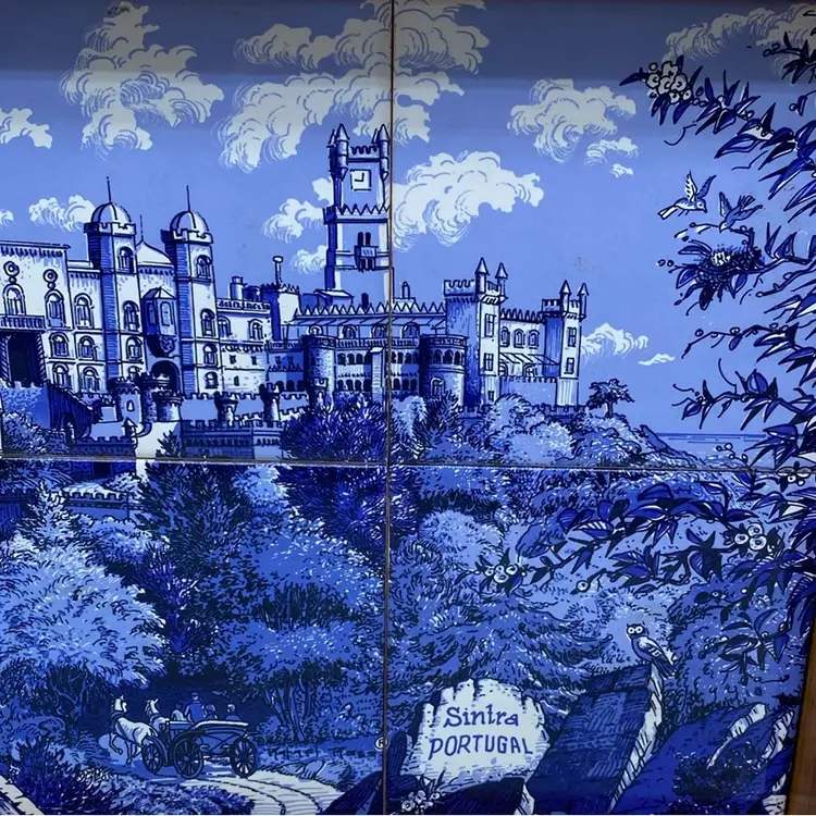 Wooden serving tray with blue and white tiled depiction of Sintra, Portugal 13.5”  x 9.5”