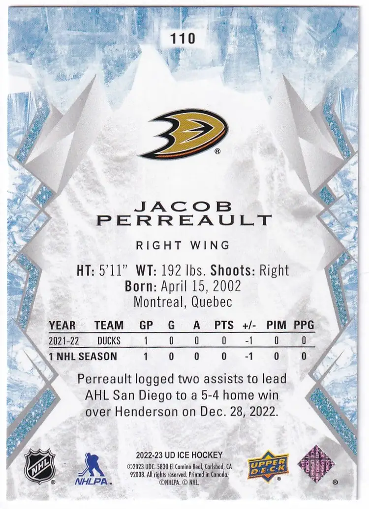 2022-23 Upper Deck Ice #110 Jacob Perreault RC Anaheim Ducks Hockey Card