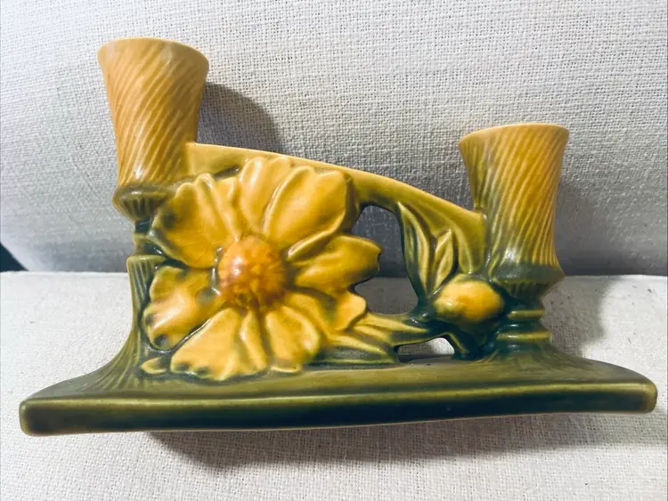 Roseville Pottery 1153 Peony Sunflower Candle Holder Ex Condition