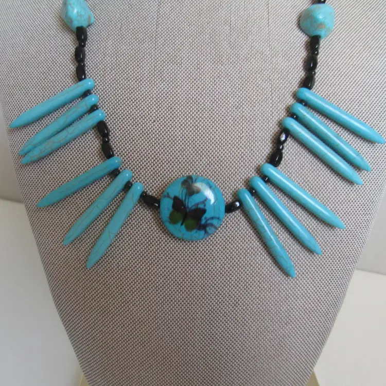 Vintage Turquoise Howlite Points and Black Glass Beaded Necklace with Butterfly Pendant