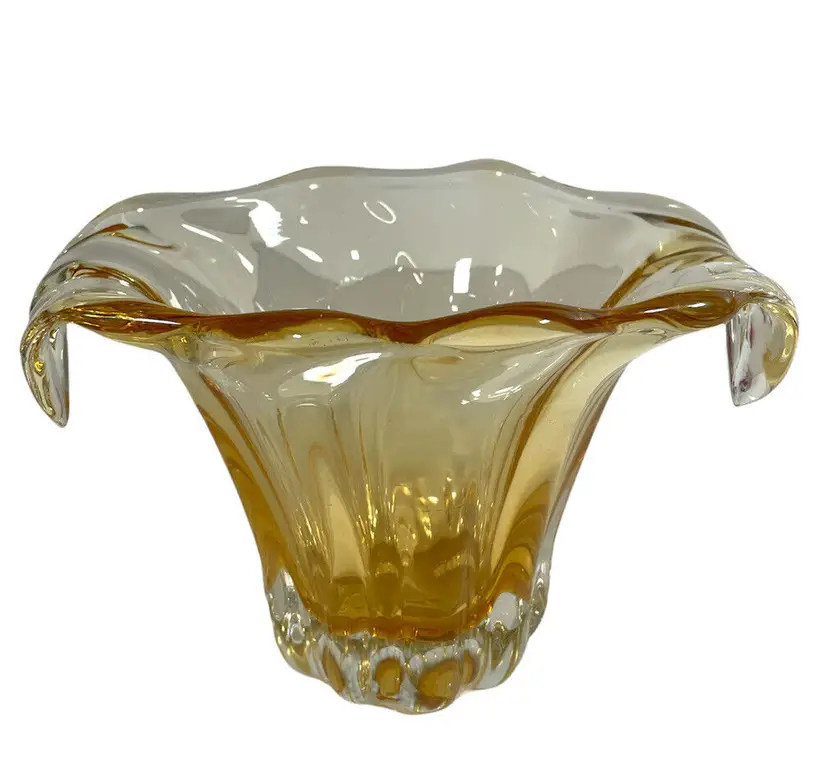 Amber Yellow Waterfall Handblown Art Glass Vase Large MCM READ