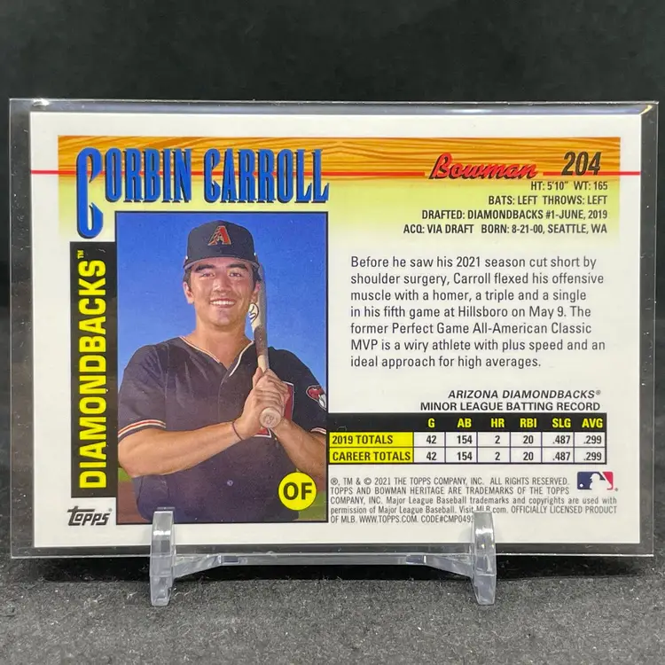 Corbin Carroll 2021 Bowman Heritage Yellow /75 Chrome Refractor Baseball Card Arizona Diamondbacks
