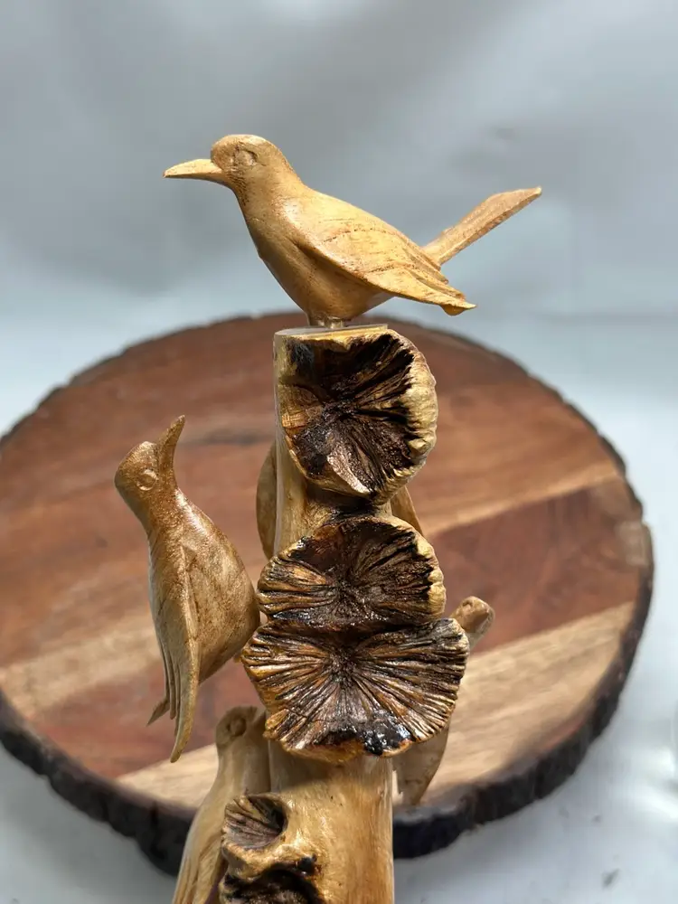 Wood Carved Moveable Handmade Birds On Branch Indonesia Art